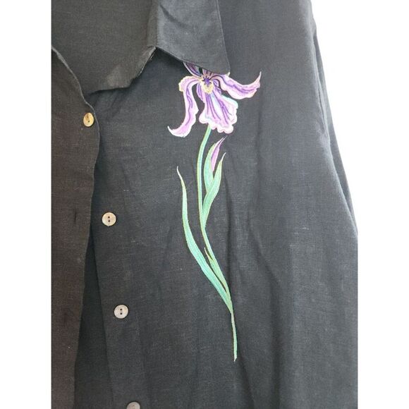 Bob Mackie Women Black w/Purple Floral Embroidered Linen Blend Button Up Top 1X - Picture 5 of 7